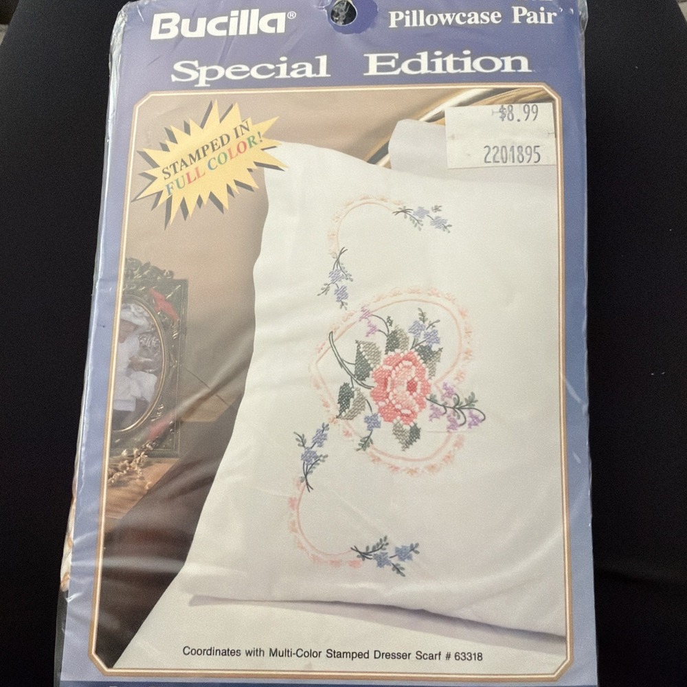 Bucilla Cross Stitch Pillowcases Pair Kit Rose Heart #63312 Vintage 90's NEW